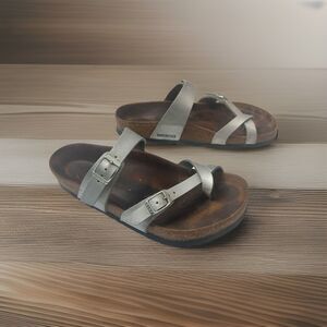 Birkenstock Mayari Sandals Women’s Size 39 8.5 Metallic Silver Leather Cork